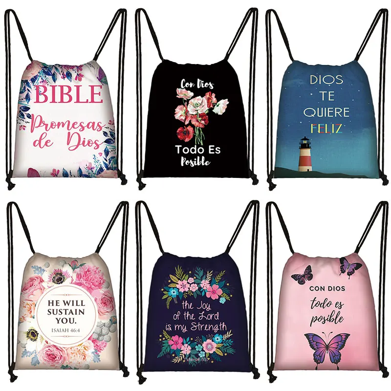 

Classic Christian Bible Print Backpack with God All Things Are Possible Drawstring Bags Shoes Bag Travel Teenager Book Bags Gift