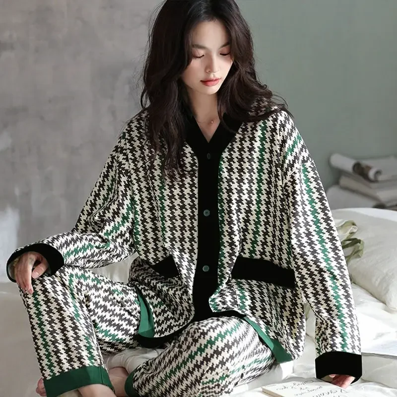 Women's Pajamas Set Thousand Birds Check Texture Korean Fashion Spring and Fall Long-sleeved Cardigan Elegant Sleepwear Homewear