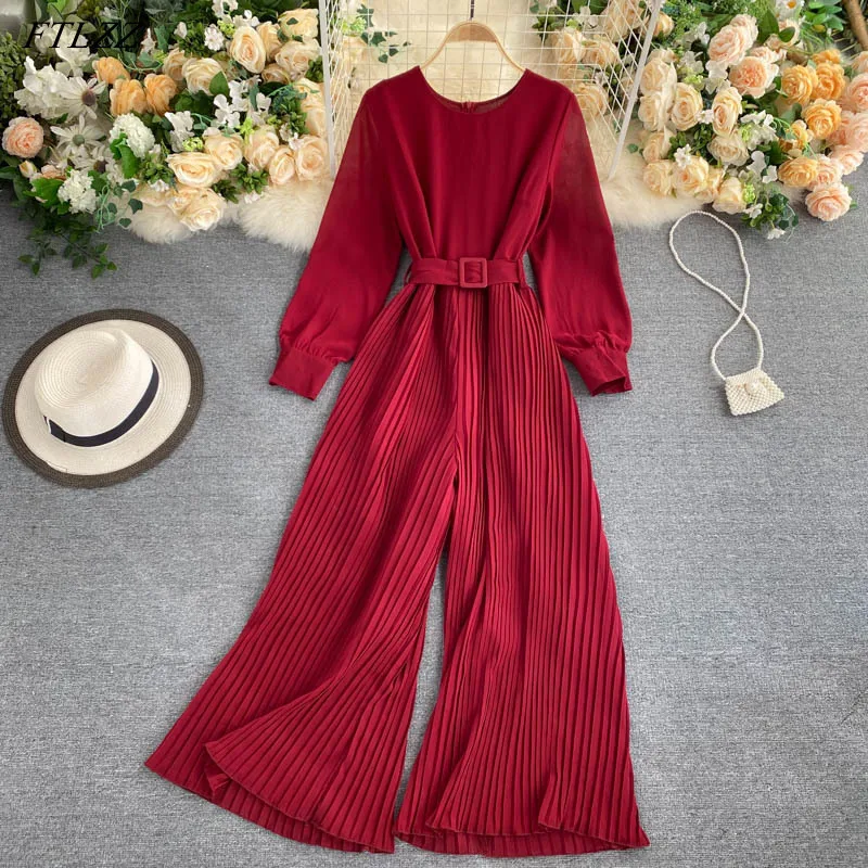 FTLZZ New Spring Autumn Women Casual Loose Long Sleeve Solid Jumpsuits Office Lady O-Neck Wide Leg Trousers with Belt