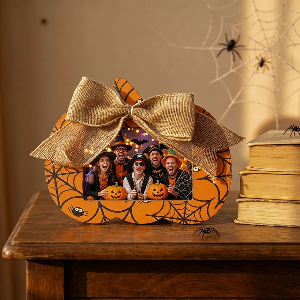 Pumpkin-Shaped Wooden Photo Frame with Burlap Bow, Halloween Tabletop Display for Family Photos, Spooky Bat & Spiderweb Decor