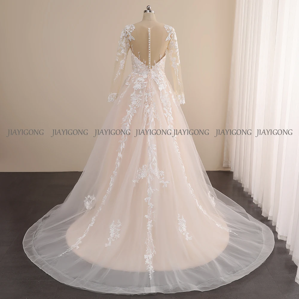 Goegeous-Robe de Mariée à Manches sulfPersonnalisée, Col Rond, Dentelle, Appliques, Tulle, lèvent dans le Dos