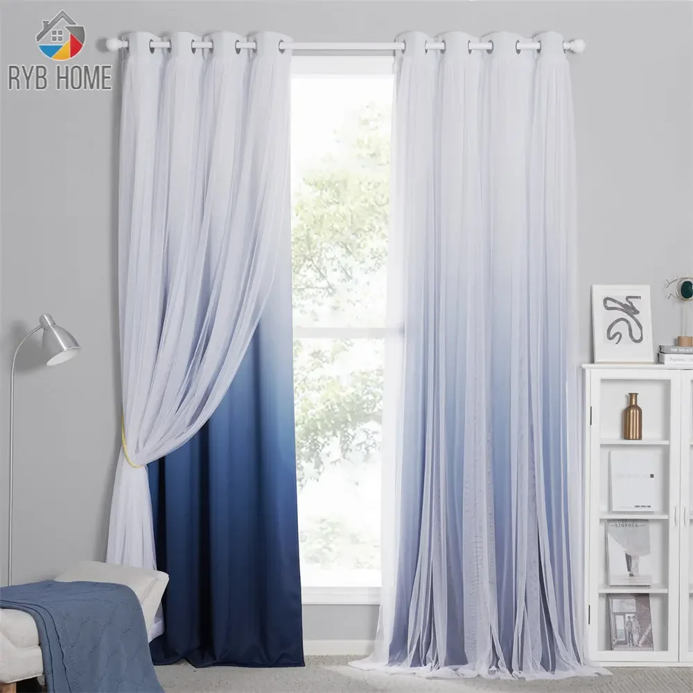 RYB HOME Gradient Double-Layered Drapes Blackout Curtains Mix Match Modern Window Sheer for Living Room/Bedroom Free Tie-backs