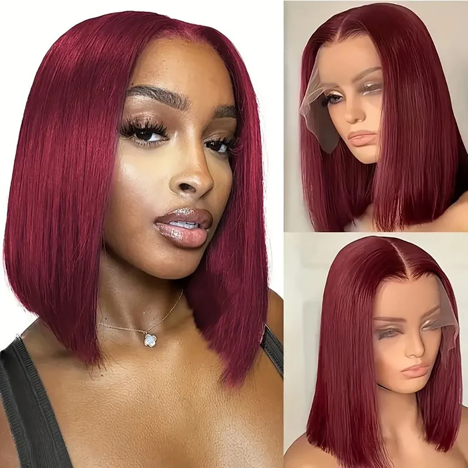 

180% Density 99J Color Bob Wig Human Hair Straight Short Bob Wig Burgundy 13X6X1 T-Part Lace Front Bob Wigs Human Hair For Women