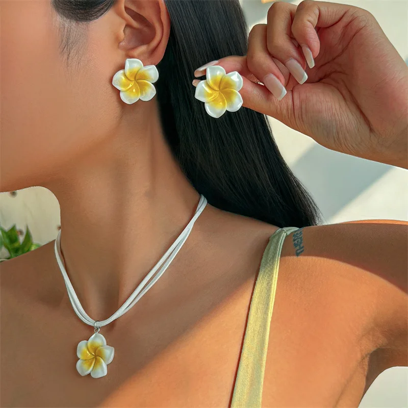 Elegant Big Flower Jewelry Set for Women White Pink Green Resin Flowers Pendant Necklace Earring  Beach Party Jewelry Gift