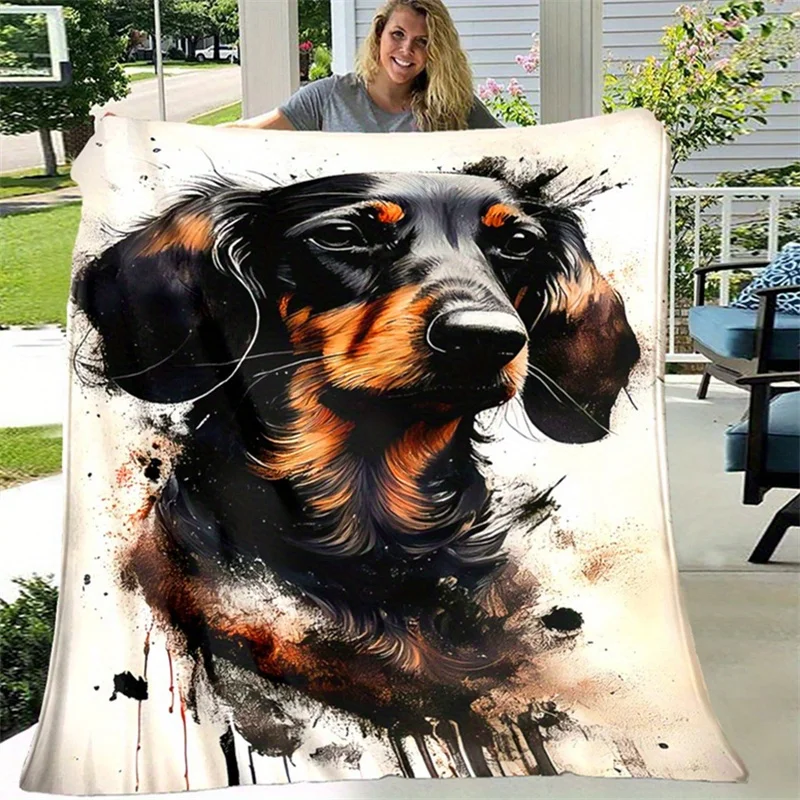 Art Splash Ink Style Long‑Haired Dachshund Lovely Pet Dog Portrait Pattern Flannel Fleece Blanket Warm Plush Bed for Living Room