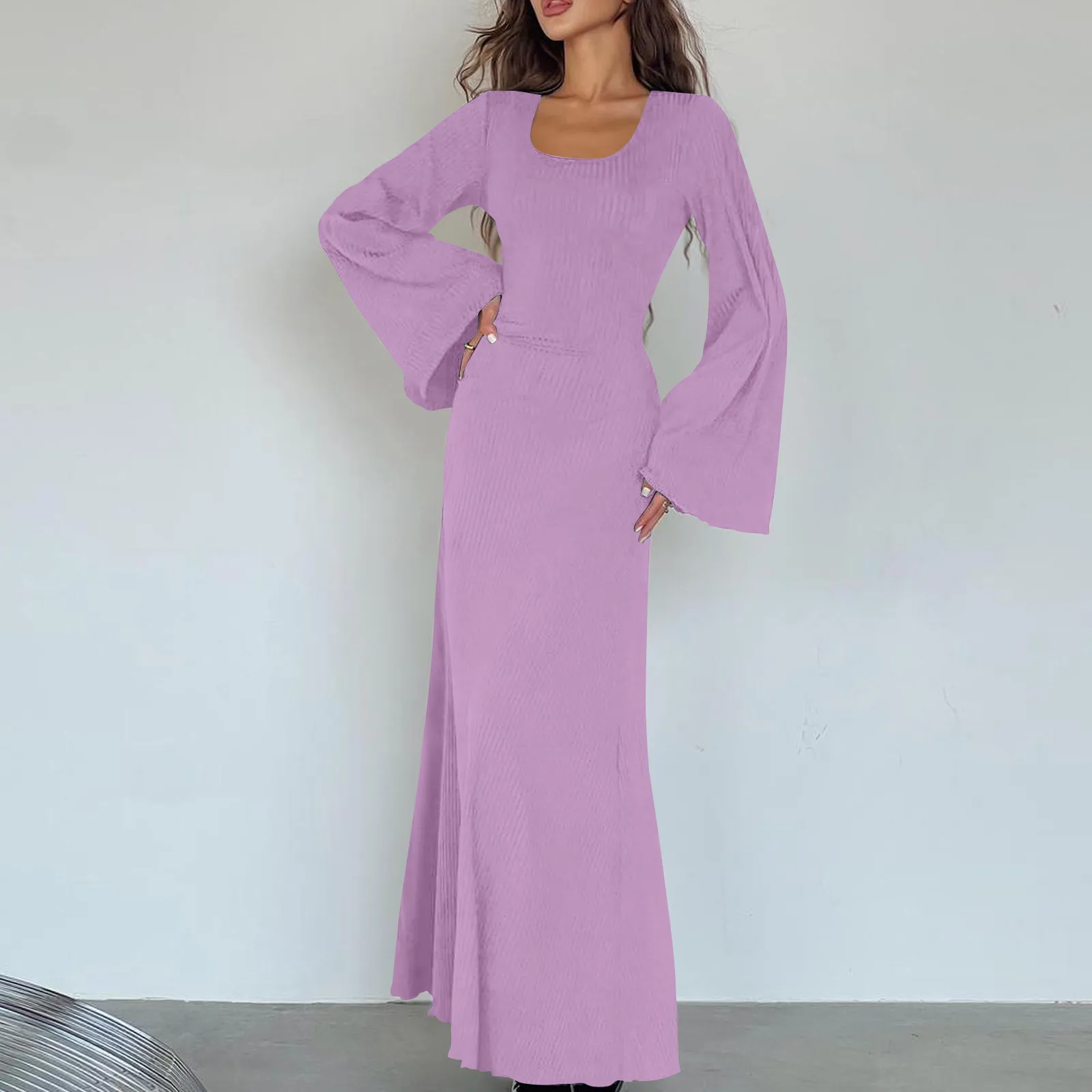 Women's Elegant Knitted Dress Horn Sleeve Maxi Dress For Women U Neck Solid Color Long Dress Ribbed Bodycon Fall Woman Dress