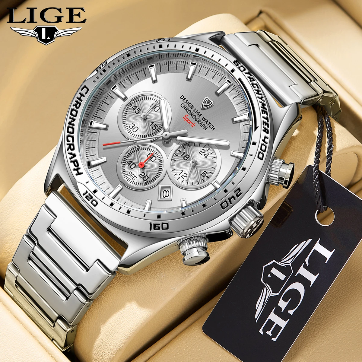 LIGE Fashion Luxury Quartz Men\'s Watches big Dial Design Waterproof Lumoinous Watch Auto Calendar Stainless Band Sport Clock+Box