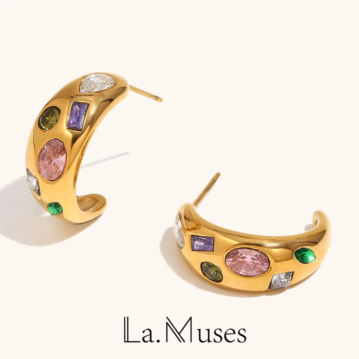 La. Muses Geometric Colored Zircon Moon Shaped Stainless Steel Women's Earrings Creative Fashion Waterproof Jewelry Gift