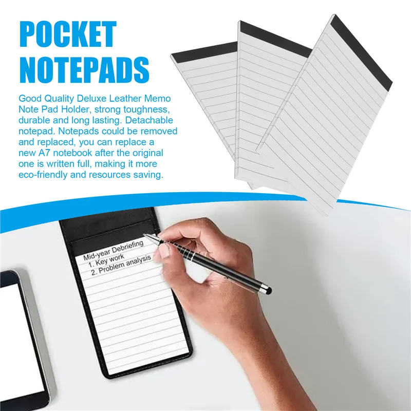 Solid 11 Pcs Mini Pocket Notepad Holder PU Leather Business Notebook Included 2 PCS Metal Pen 8 PCS Refillable Memo Book Black