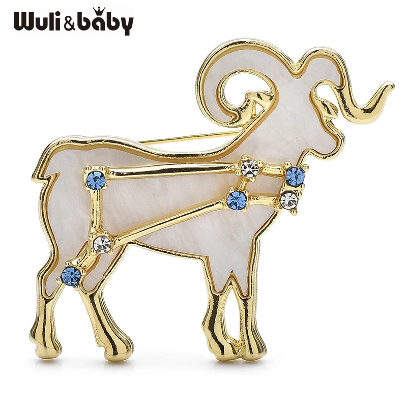 Wuli & baby Aries Zodiac Acuario elegante broche de cabra de concha broches de estrellas de diamantes de imitación brillantes alfileres joyería de diseñador regalo