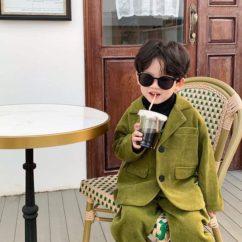 Children Clothing Boys Small Suit Set Spring 2024 New Western-style Korean Version Children Casual Suit Corduroy Set Trend