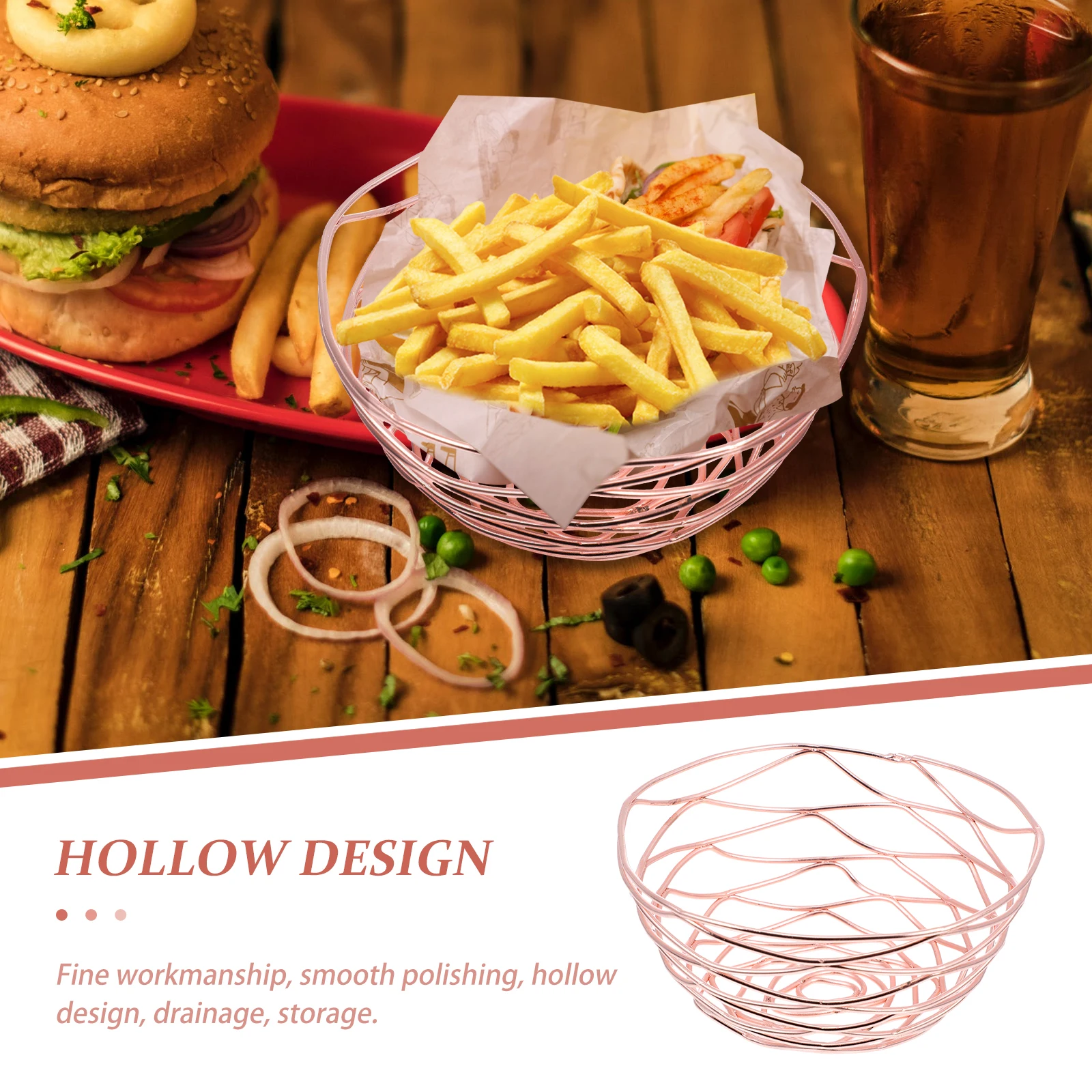 

Metal Snack Basket Hollow out French Fry Holder Fried Chicken Container Fruit Tray Stylish Restaurant Decorative Food Storage