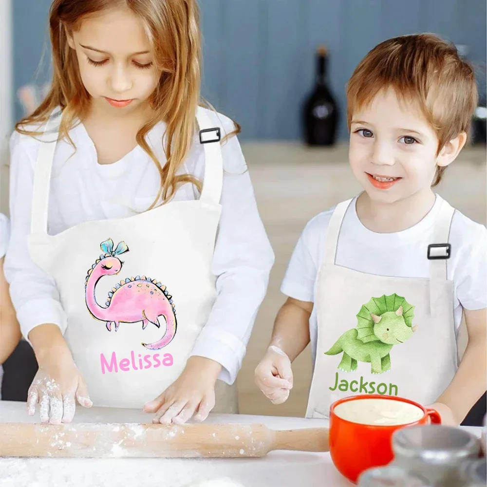 Personalized Dinosaur Print Kids Cooking Kitchen Aprons Custom Name Children's Baking Apron White Bakers Aprons Mini Chef Gift