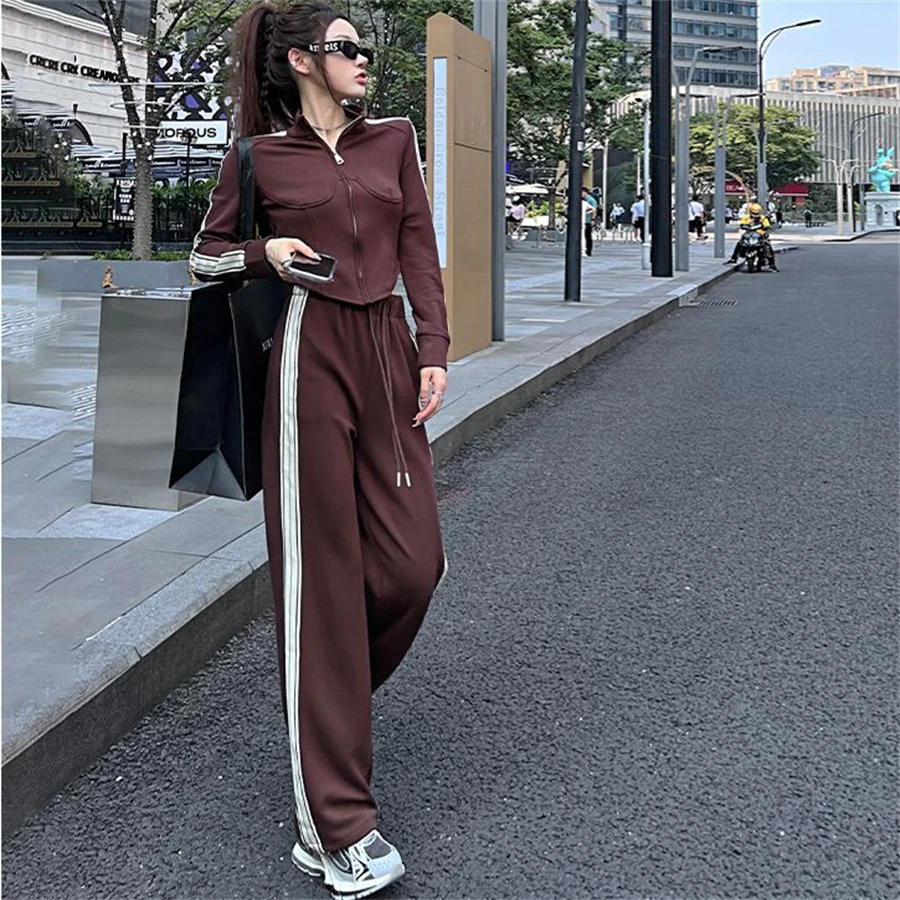 Side Stripe Casual Streetwear Tracksuits Irregular Korean Slim Short Jacket Coats Outfits Wide Leg Pants Spring 2 Pieces Sets