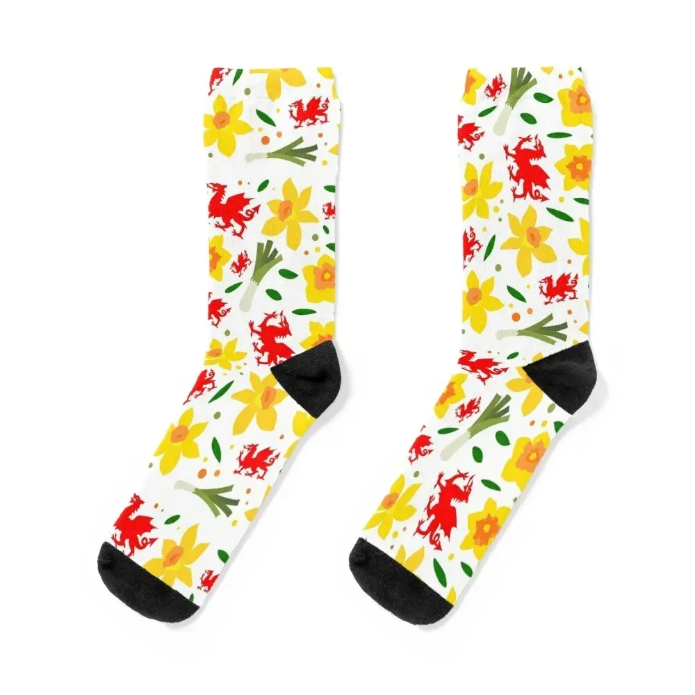 Wales Floral Pattern - Welsh Dragon, Daffodils and Leek Socks loose fashionable Socks Ladies Men's