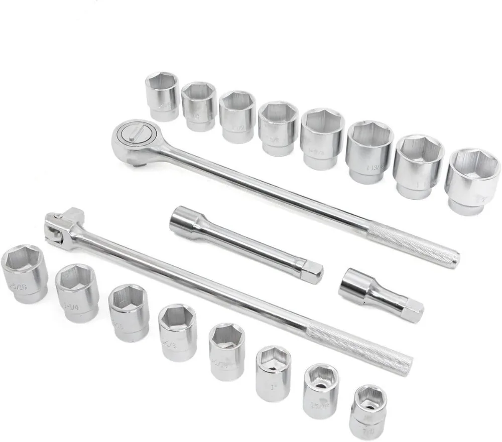 

Набор головок SAE с приводом 3/4 дюйма, 21 предметов, с храповым механизмом и удлинителем, совместимый с ударным ключом для тяжелых условий эксплуатации