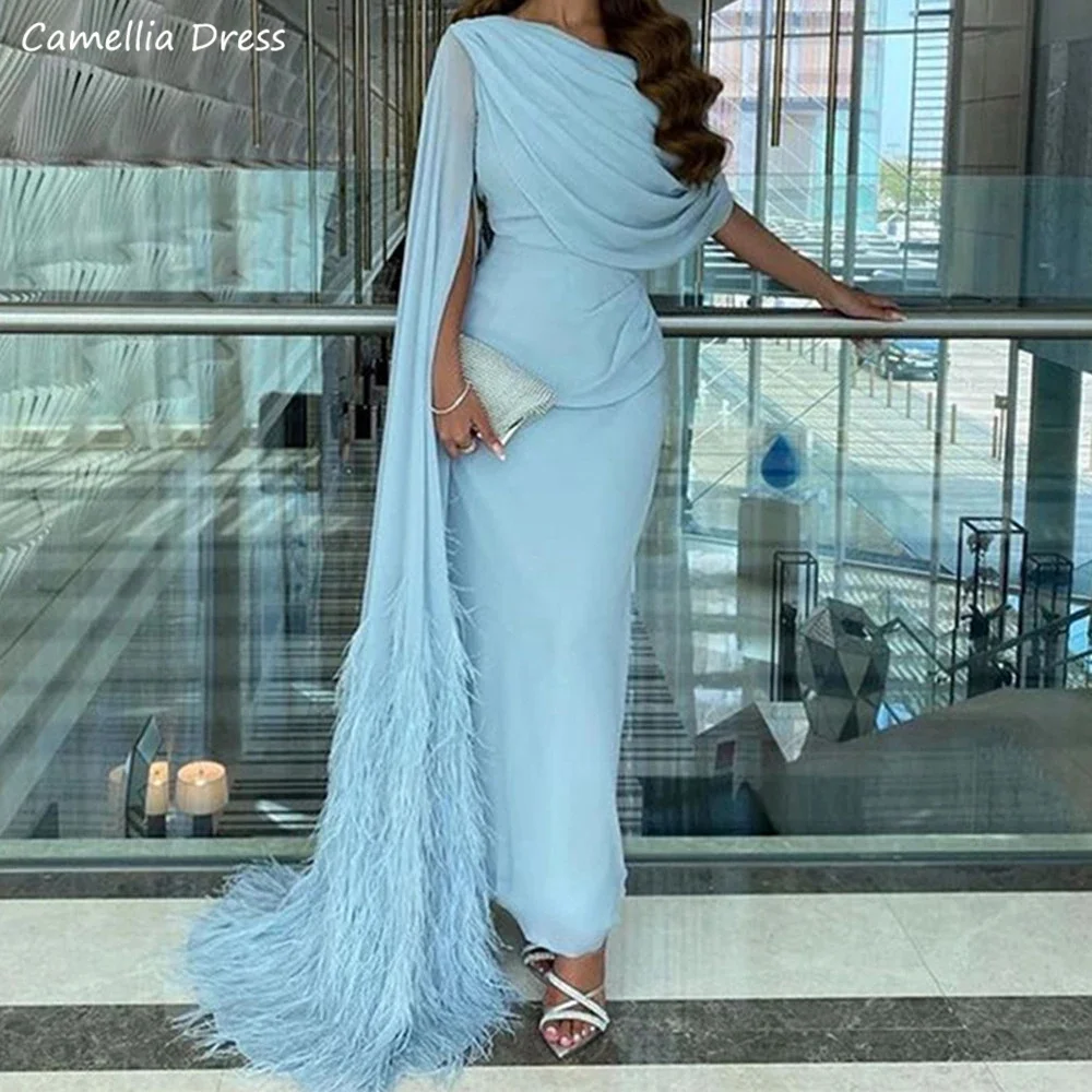 Gorgeous Tulle Evening Dresses For Women Sexy Feather Shawl Prom Dresses Grace Blue Party Gowns Robes De Soirée  فستان سهرة