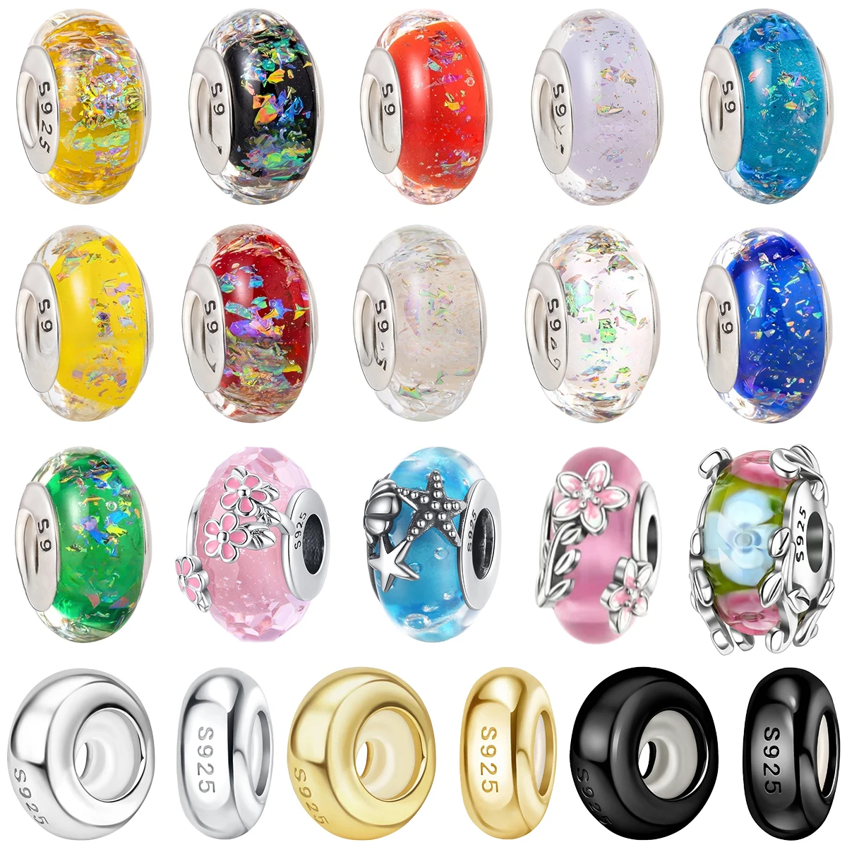 

S925 Sterling Silver Cute Ocean Flower Resin Glass Charm Bead Multicolor Flake Spacer Beads Stackable DIY Bracelet Gift Jewelry
