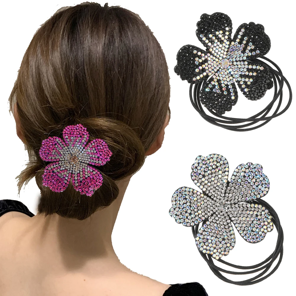 Haimeikang Rhinestone Flower Hair Ropes Ladies Ponytail Holder Scrunchies Hair Tie Rubber Bands For Women Elastic Accessories