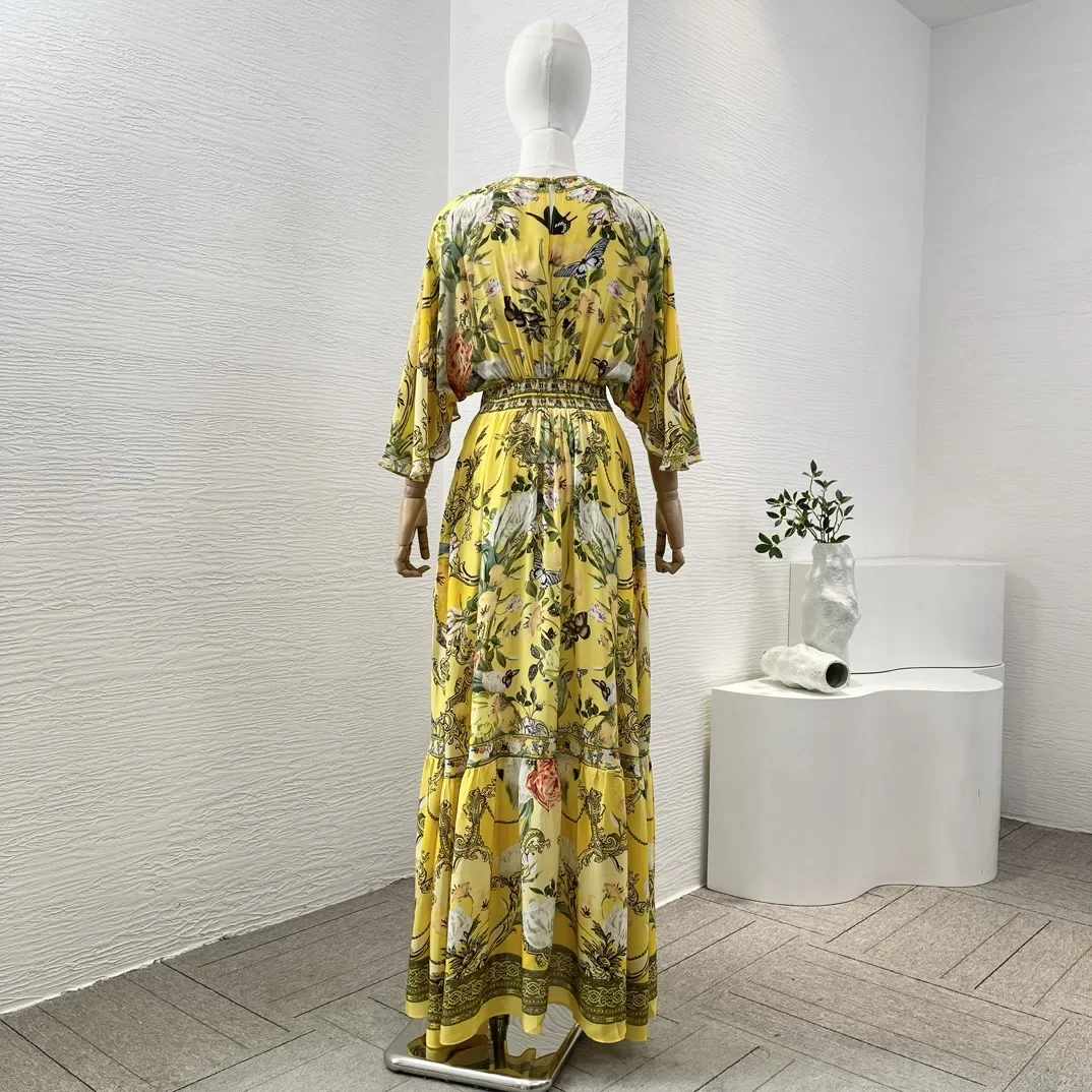 High Quality Yellow Floral Butterfly Print Maxi Dress for Women with 3/4 Sleeves Deep V-Neck Diamonds Summer Dresses for Holiday