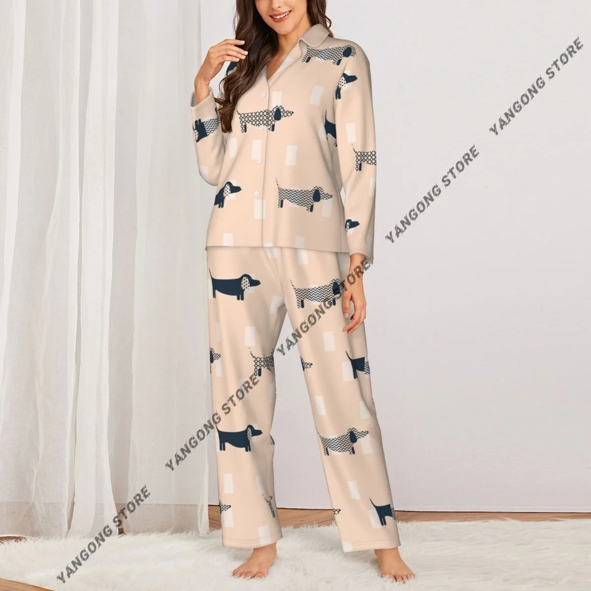 Spring and Autumn Pajama Set Women's Long Sleeve Pants Two Piece Dachshund Dog Scandinavian Pattern Home Furnishing Set