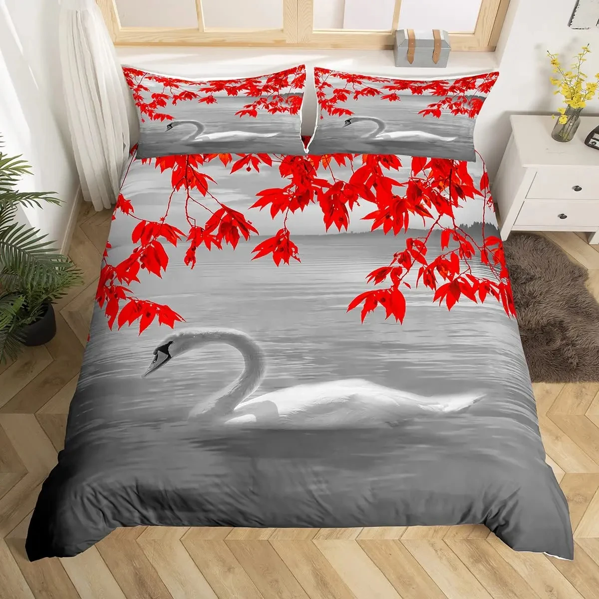 Swan Duvet Cover Wild Animals Bedding Set Twin Queen Size,Swan Lake Comforter Cover Coastal Creature Quilt Cover for Child Teen