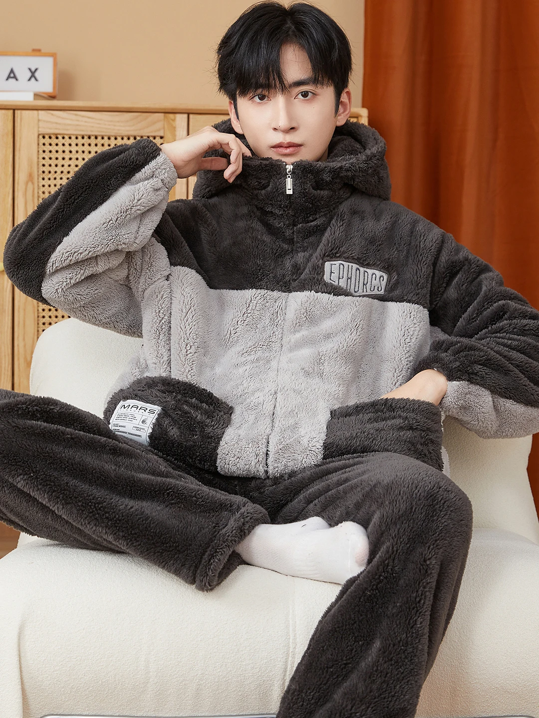 DAIMELU بيجامة بأكمام طويلة للرجال من الصوف المرجاني الحراري وسحاب كبير الحجم من الصوف السميك طقم ملابس نوم فضفاضة #4