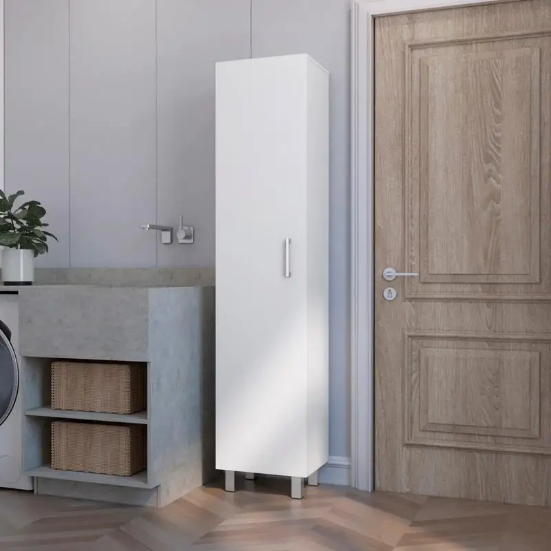 Tall Storage Cabinet, Single Door with Broom Hangers for Effective Organization and Storage Solutions