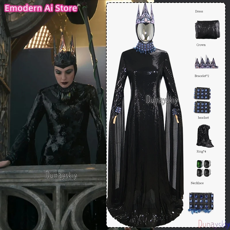 

Evil Queen Cosplay Movie Costume Black Bright Sequins Long Dress Crown Necklace RingsJewelry Anime Role-play Suit Women's xs-3xl