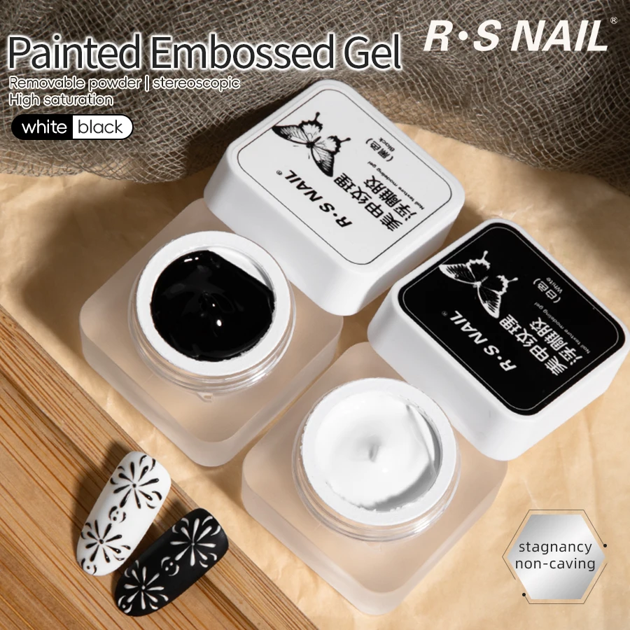 Rswail 5g textura em relevo gel unha polonês 3d preto branco arte do prego gesso desenho pintura escultura gel diy manicure ferramenta