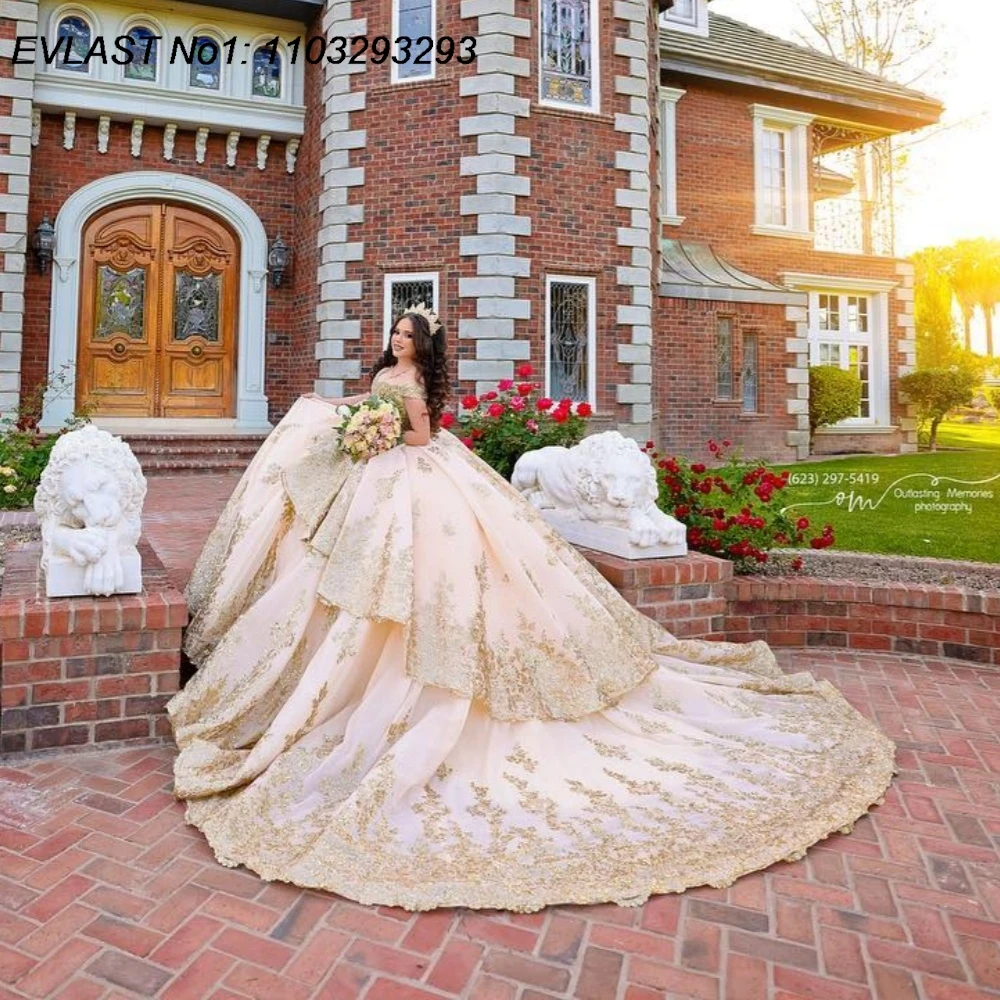 EVLAST Personalizado Brilhante Champanhe Quinceanera Vestido de Baile Ouro Lace Applique Beading Doce 16 Vestidos De 15 Anos E1QN596