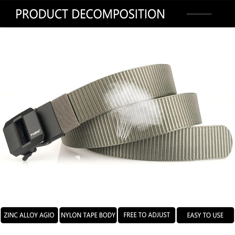 TUSHI Brand Classic High-End Elongated Thickened Men's Tactical Nylon Waist Belt Toothless Smooth Automatic Buckle Canvas Nylon