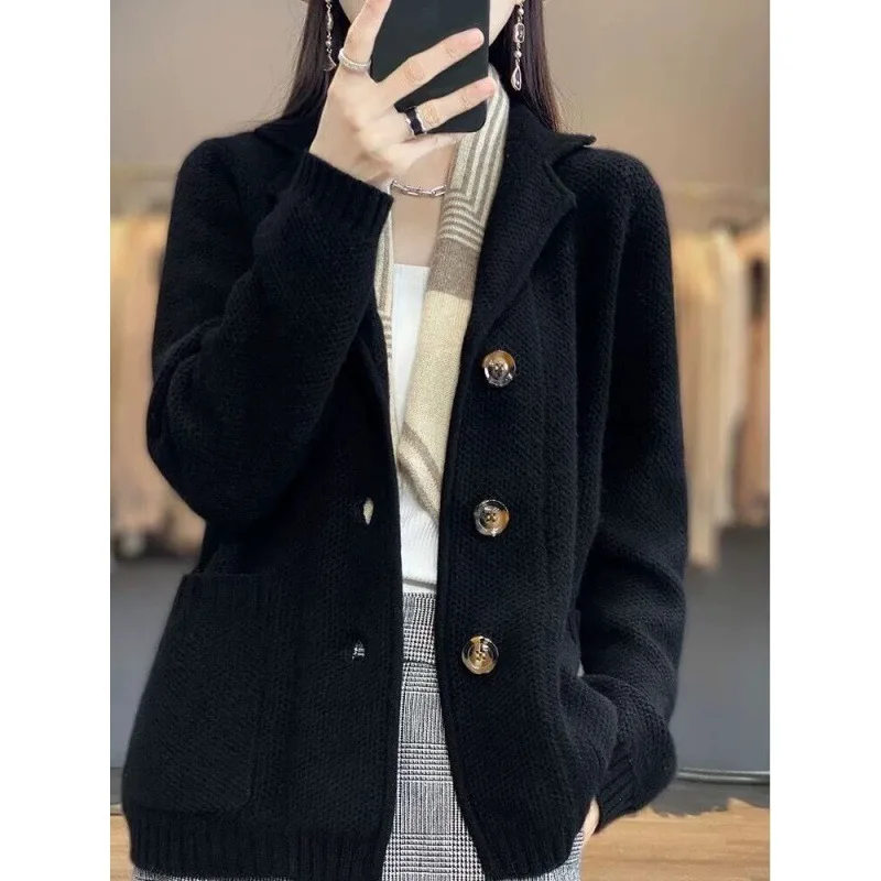 Autumn and Winter Women\'s Solid Color Suit Collar Long Sleeve Single Breasted Knitted Cardigan Pockets Fashion Office Lady Tops