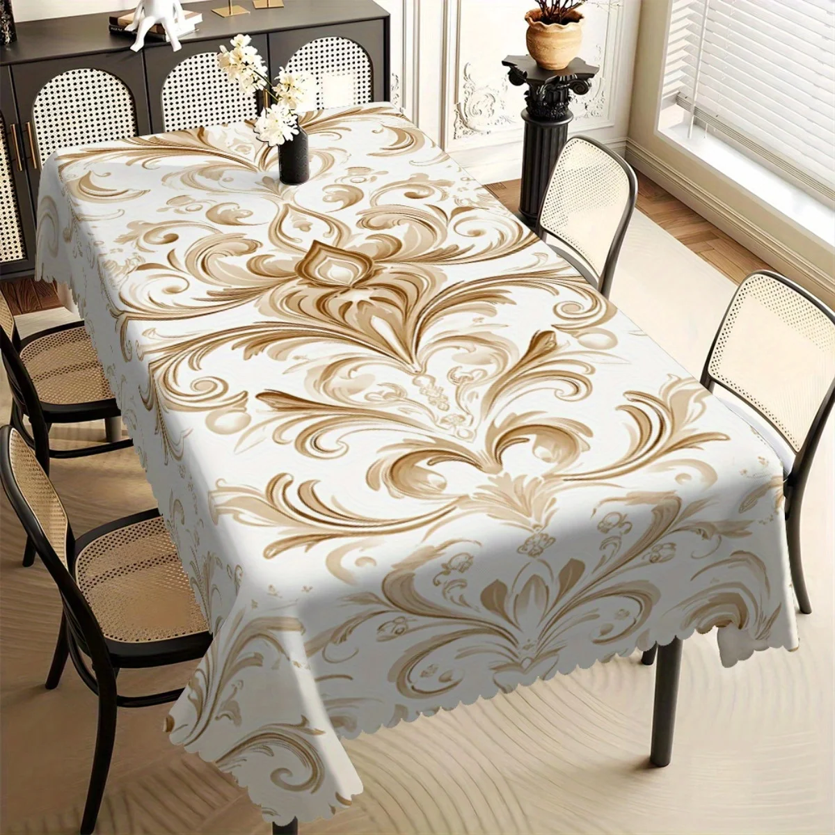Elegant Damask Floral Tablecloth, White with Gold Swirl Pattern, Scalloped Edge, Stain Resistant, for Dining Room & Formal Decor