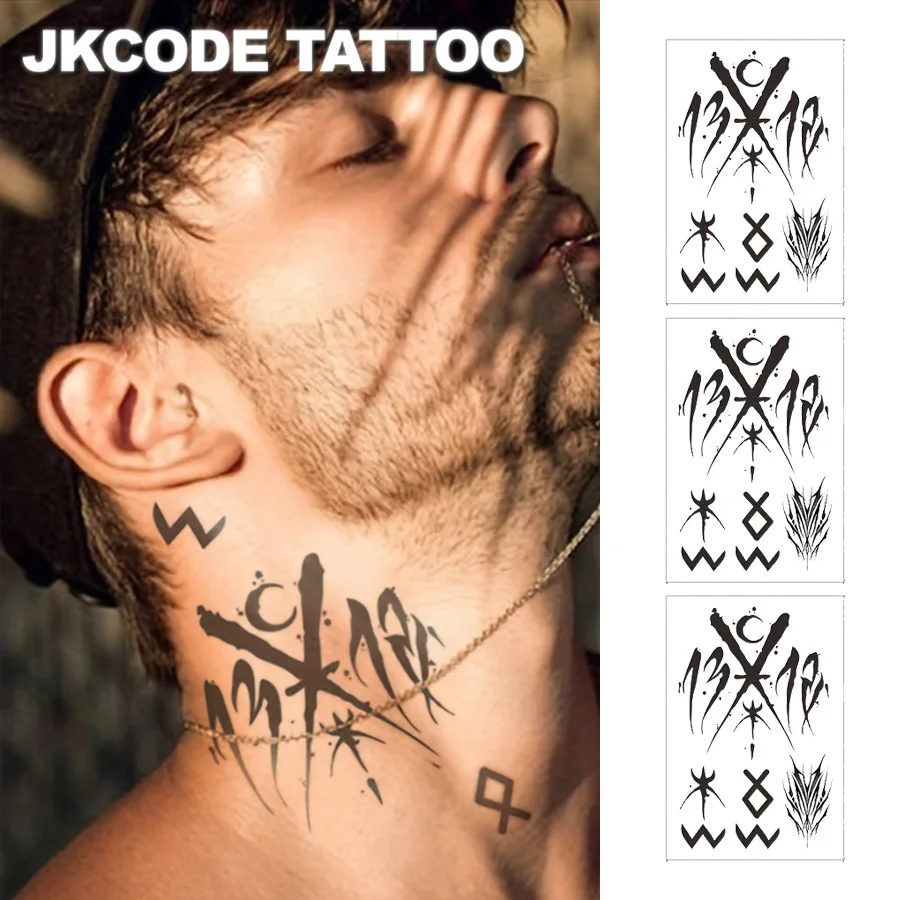 3 PCS Ink Temporary Tattoo Viking Symbol Mysterious Totem Dark Style Cool Text Lines Pirate Summer Men's Hand and Neck Dual-Use Tattoo Stickers Long-Lasting Waterproof 3-7 Days
