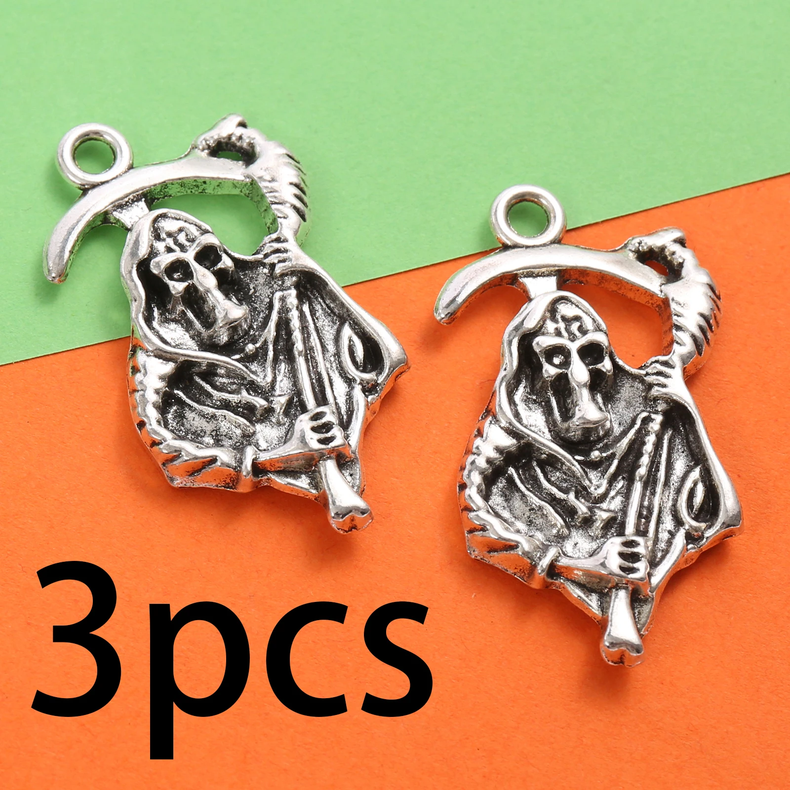 Juego de 3 piezas de accesorios hechos a mano con forma de calavera y guadaña, estilo vintage oscuro con diseño hueco, adecuado para pulseras, collares, pendientes y accesorios de decoración con cuentas hechos a mano.
