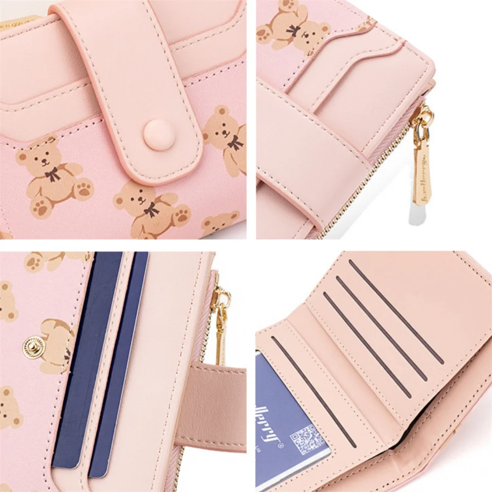 Cartoon Beren Patroon Bifold Portemonnee Dames Korte Gesp Portemonnee Multi-Kaartsleuven Kaarttas PU Leer Geldzakje Zak