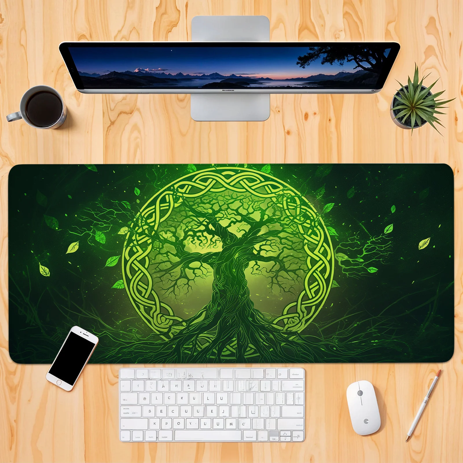 

Green rune magic giant tree Mouse Pad large Desk Mat with Stitched Edge Rubber anti-slip pc accessories Gaming mats keyboard rug
