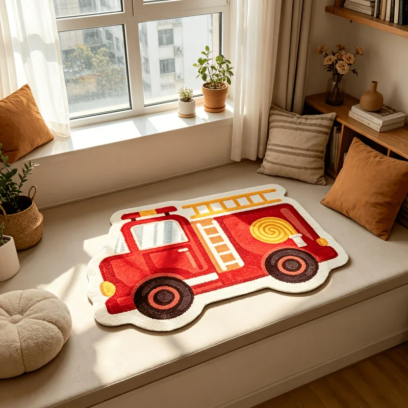 VIKAMA Cartoon Fire Truck Shaped Plush Absorbent Floor Mat, Bedroom Bedside Floor Mat, Entrance Japanese Style Floor Mat