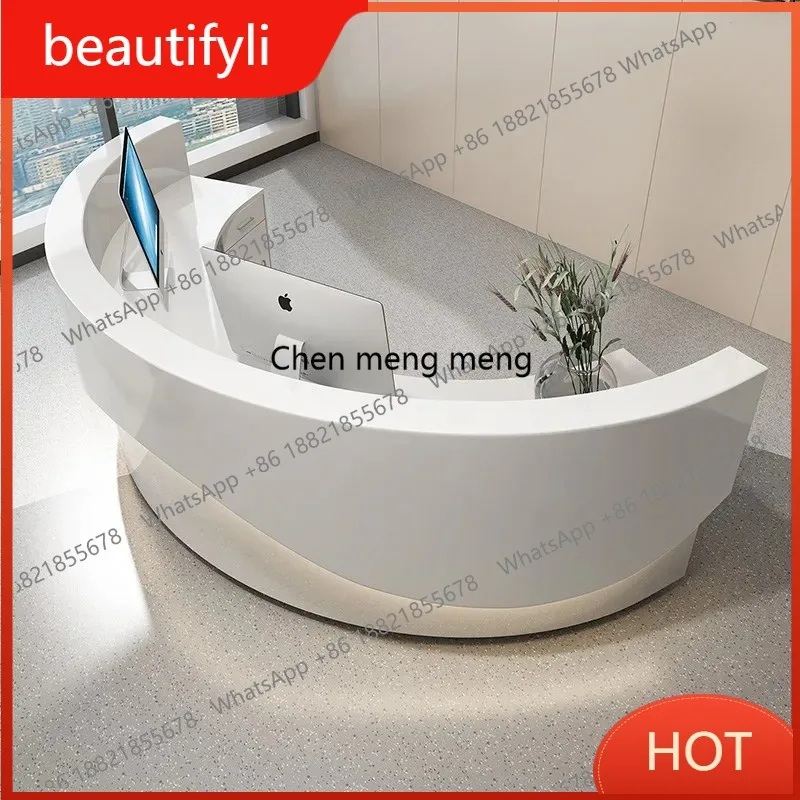 A139 Balcão de Recepção Moderno para Salão de Beleza e Escritório, Elegante, com Gavetas, Balcão Curvo de Canto