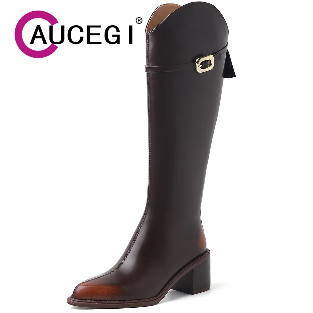 

Aucegi Brand Design Fashion Women Knee High Boots 2024 New Genuine Leather Zip Pointed Toe Buckle Thick High Heels Party Shoes