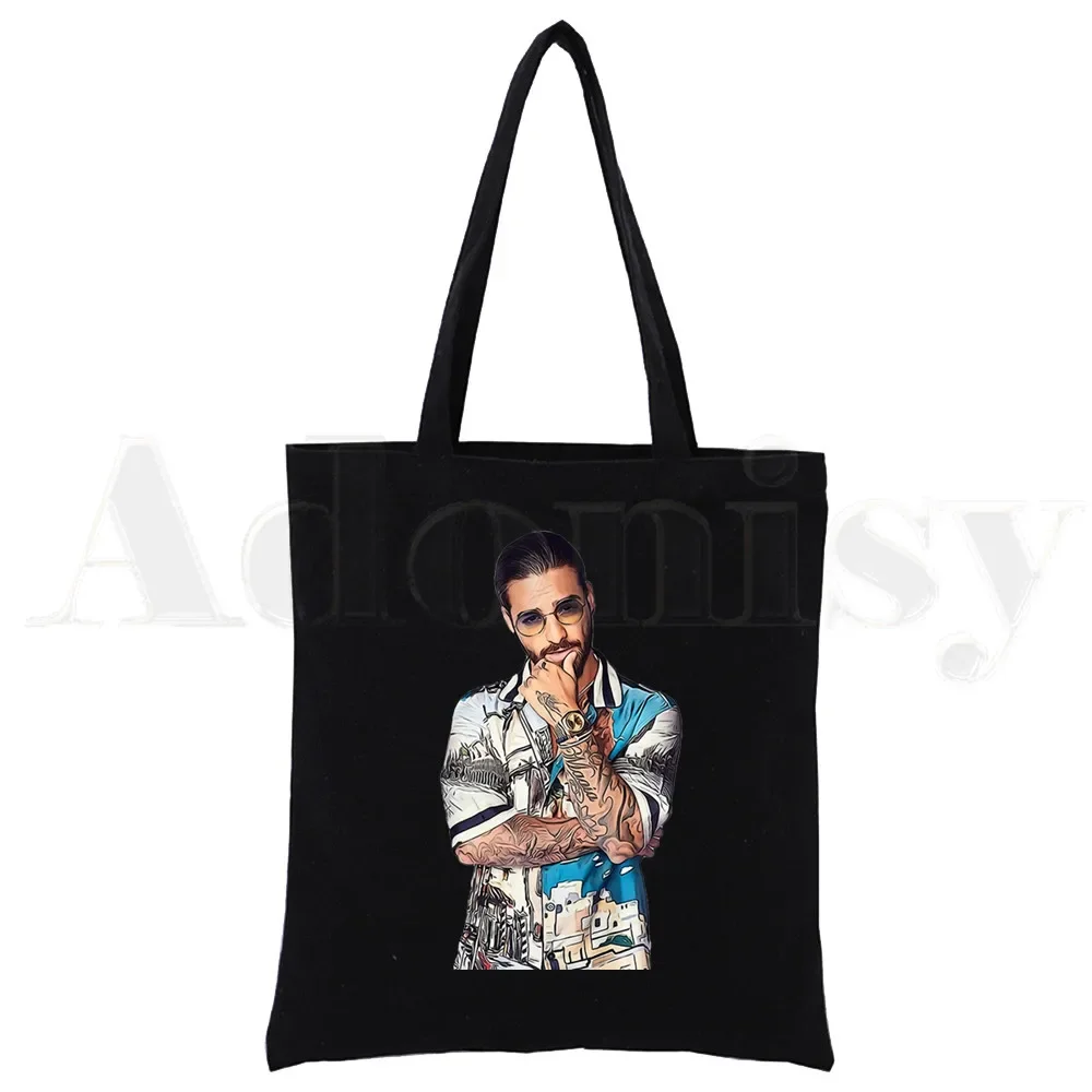 Bolsa de mão de lona preta para meninas, maluma, Hawai, reggaeton, cantora, estampa simples dos desenhos animados, sacolas de compras, moda vida, pacote casual