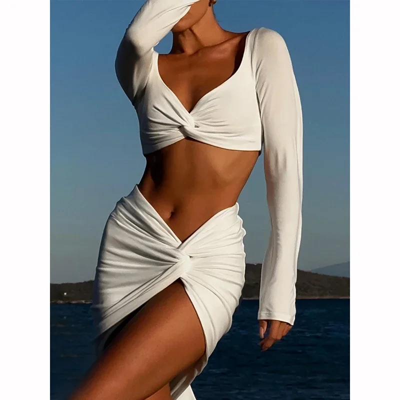 Bikinis sexis de Color sólido de 3 piezas, traje de baño para mujer, traje de baño 2021, traje de baño, ropa de playa con falda, conjunto de Bikini para mujer