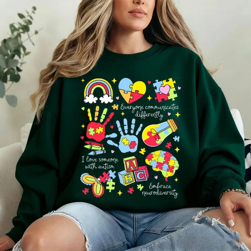 الجميع التواصل بشكل مختلف لشهر التوحد البلوز التوحد أمي خطاب علم الأم أعلى التوحد الوعي المرأة السترة