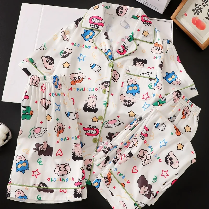 Kawaii 3Pcs Crayon Shin Chan Anime Women's Ice Silk Sleepwear Summer Short Sleeves Cute Cartoon Girl Student Summer Home Clothes
