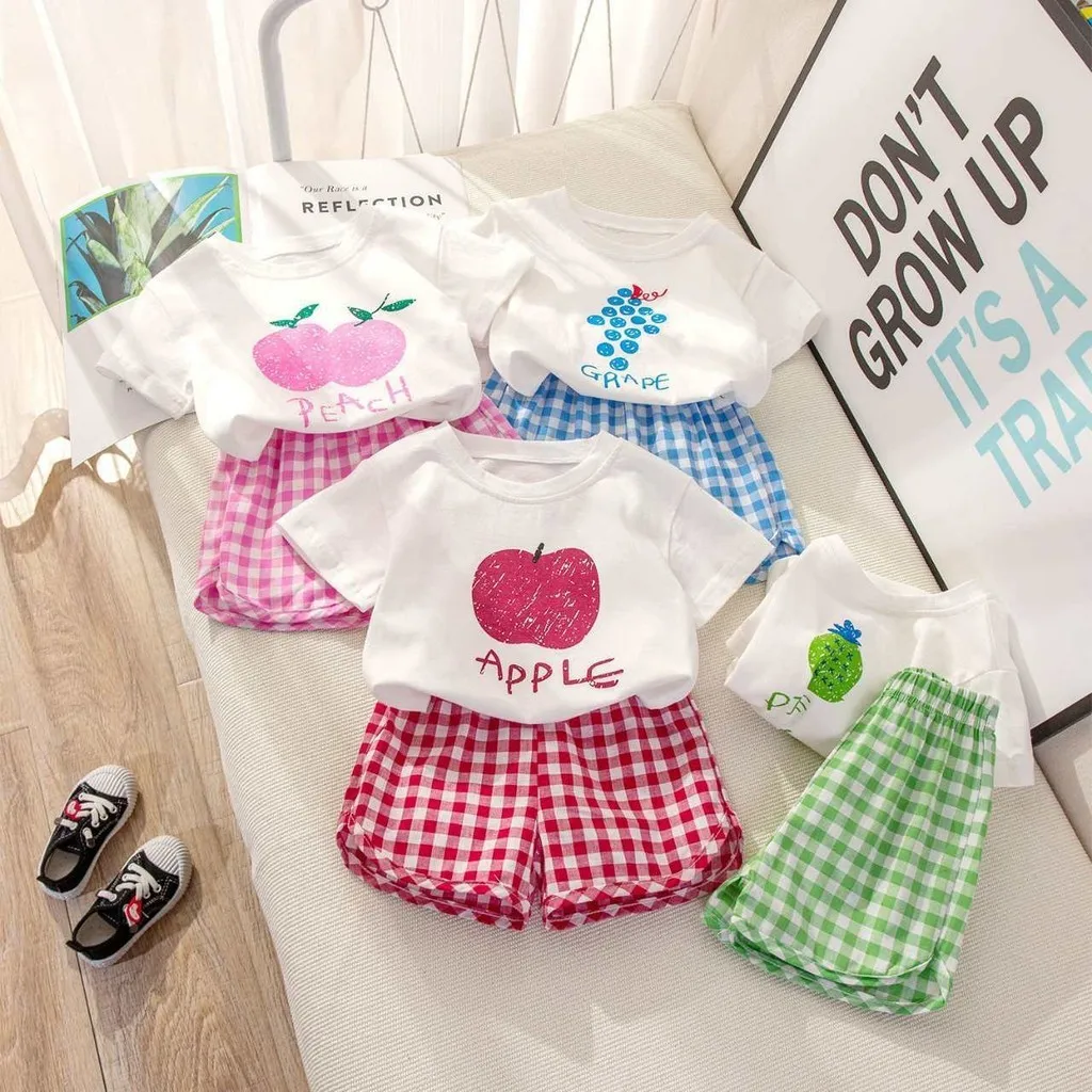 Children's Clothing Sets 2024 Fruit Print Short Sleeve T-shirt + Plaid Printed Shorts Kids Clothes for Girls Boys Outfit Set