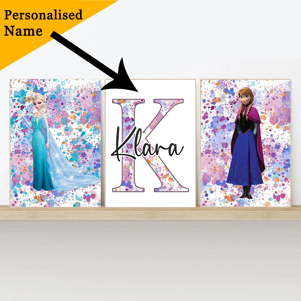 Disney Princess Anna and Elsa Watercolor Splash Poster  Custom Name Painting Prints Bedroom Living Room Home Decor Kids Gifts