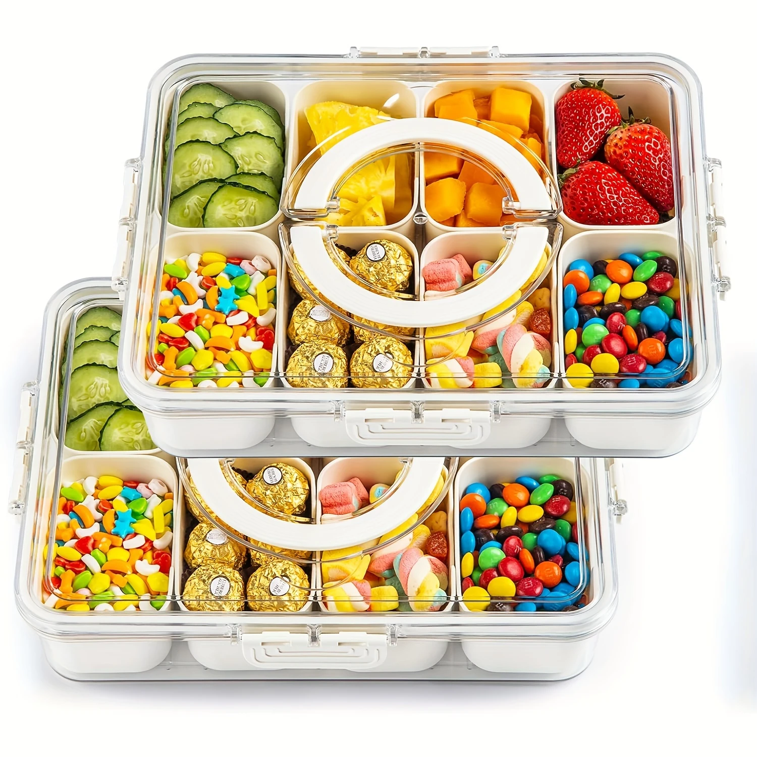 

2 Pack Divided Serving Tray Fresh-keeping Box With Lid & Handle, 8 Compartments Snackle Box Charcuterie Container, Snack Box Con