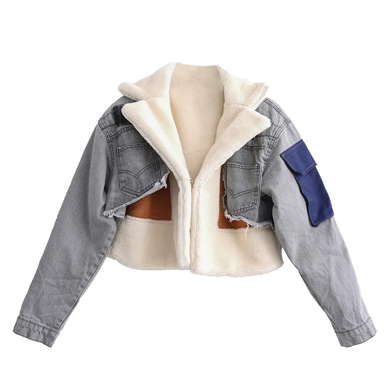 Women Padded Jacket Denim Splicing Jacket Winter New Lamb\'s Wool Liner Thickened Short Section Biker Jacket Cotton Jacket 2024