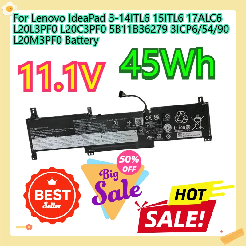 

For Lenovo IdeaPad 3-14ITL6 15ITL6 17ALC6 L20L3PF0 L20C3PF0 5B11B36279 3ICP6/54/90 L20M3PF0 Battery 11.1V 45Wh